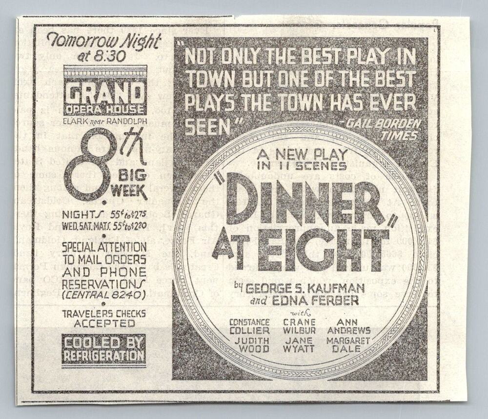 1933 Dinner at Eight Play Ad Chicago Grand Opera House Ephemera Kaufman Ferber